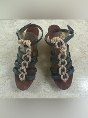 Henry Cuir Braided Chain Strappy Heels - Black and Natural